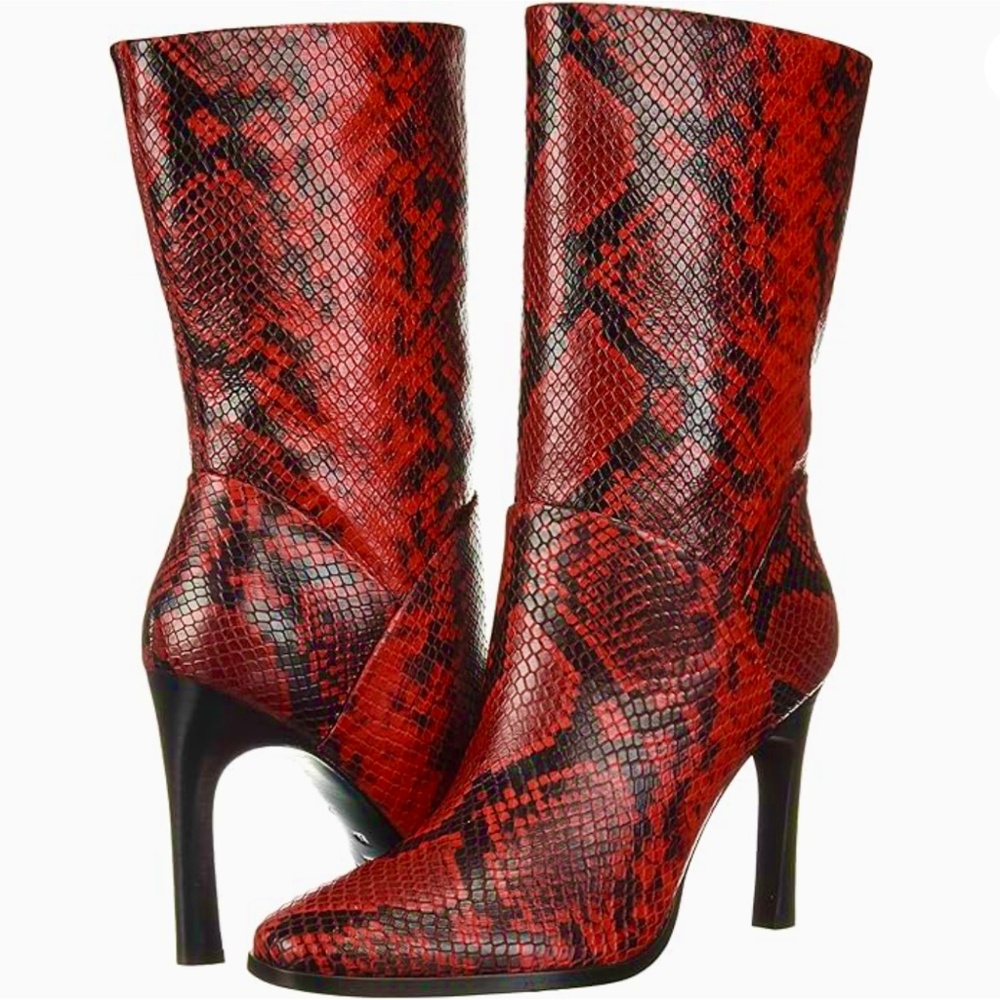 Sigerson Morrison Kiona Fashion Boots, Black Red Snake Print Leather Booties 37
